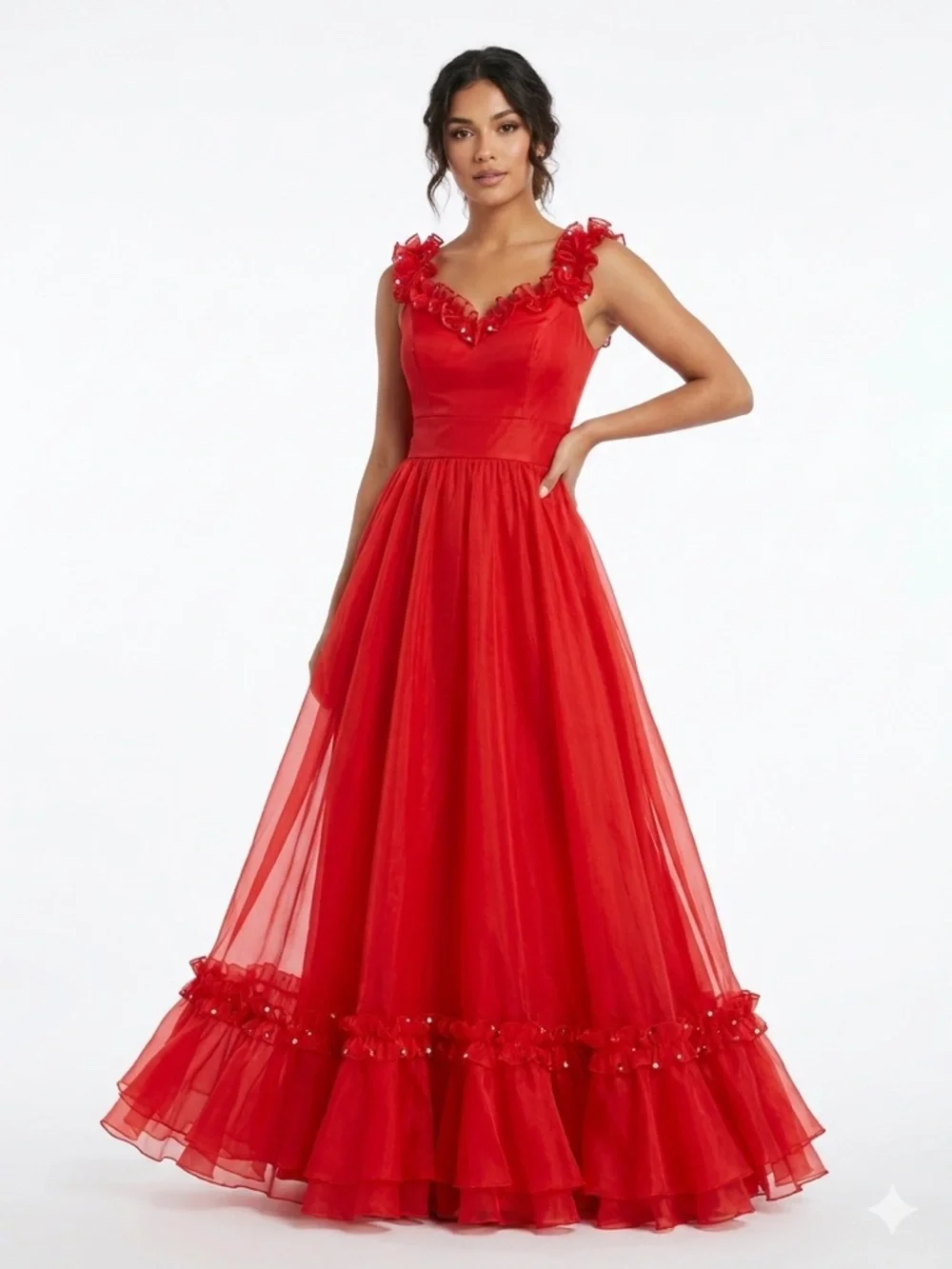 Red Floral-Trim V-Neck Evening Gown - Picture 2 of 11